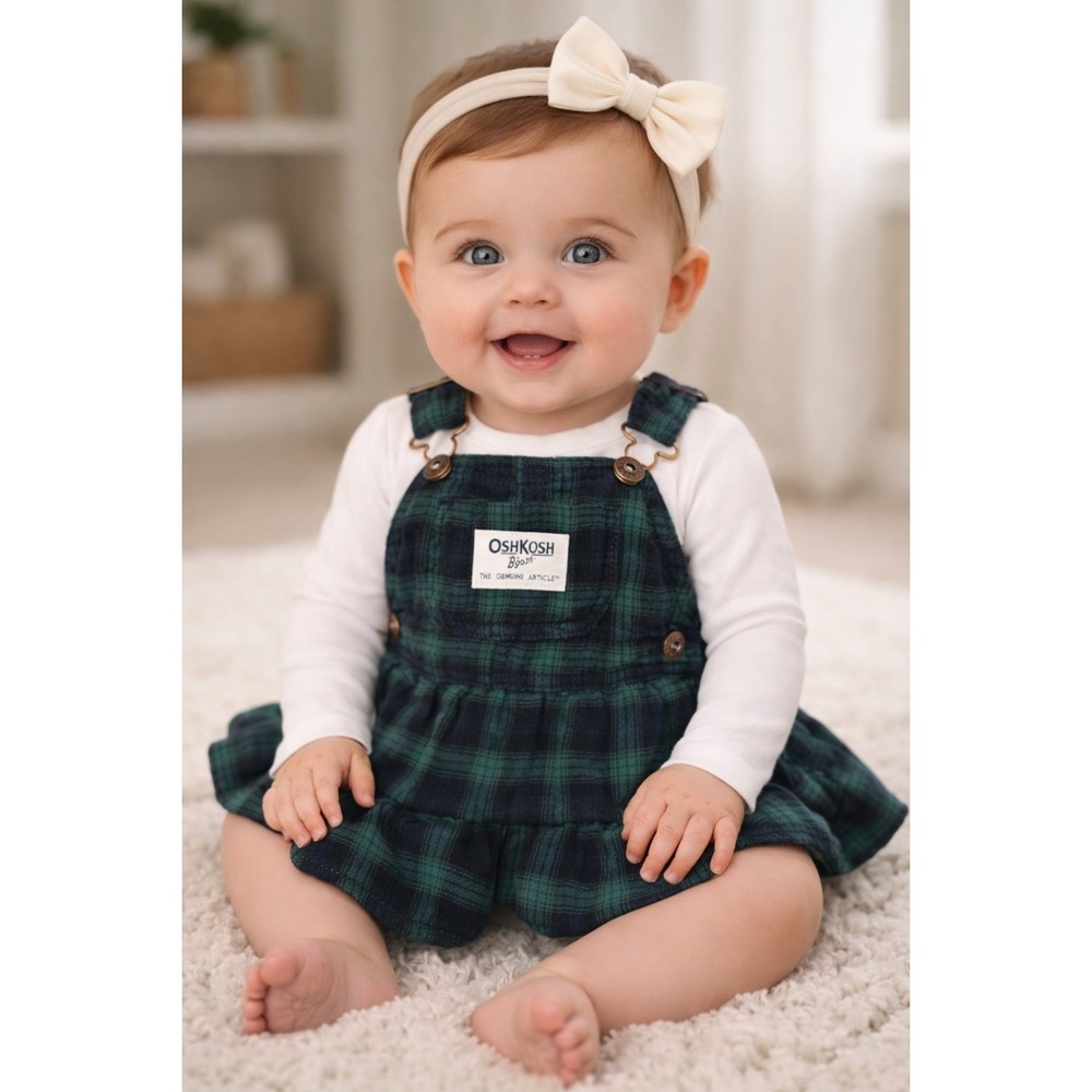 Vintage Oshkosh B'Gosh Green Plaid Skirt Overall Dress Girls Sz 6M Cottage Core